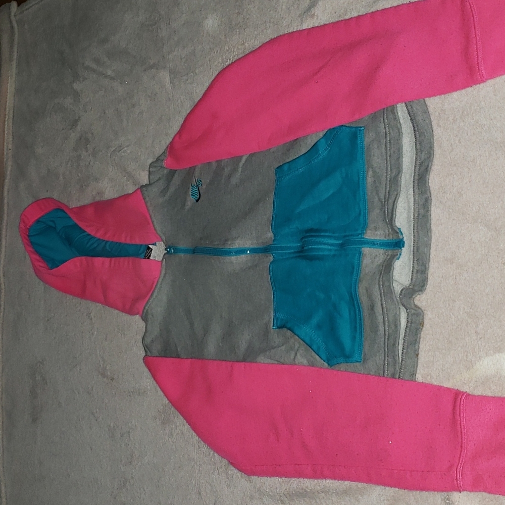 Girls Nike zip sweater with hood, size large, pink,teal blue,gray